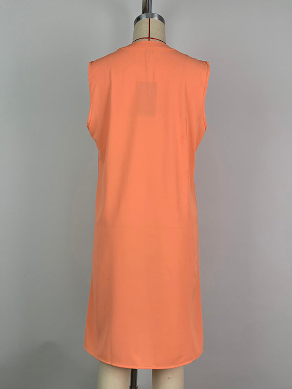 Loose Sleeveless Pleated Solid Color V-neck Mini Dresses