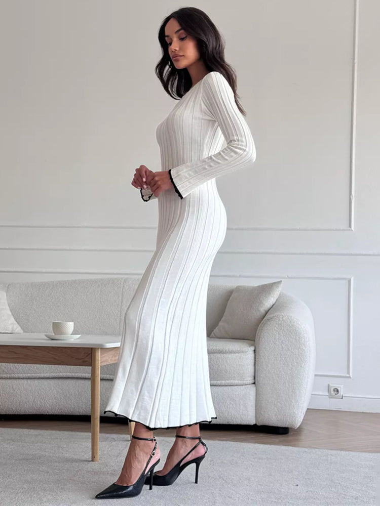 TARXUXY Long Sleeve Knitted Dress For Women Autumn Winter Slim Sexy Striped Sweater Long Dresses Female Elegant Party ClothesChristmas Gifts