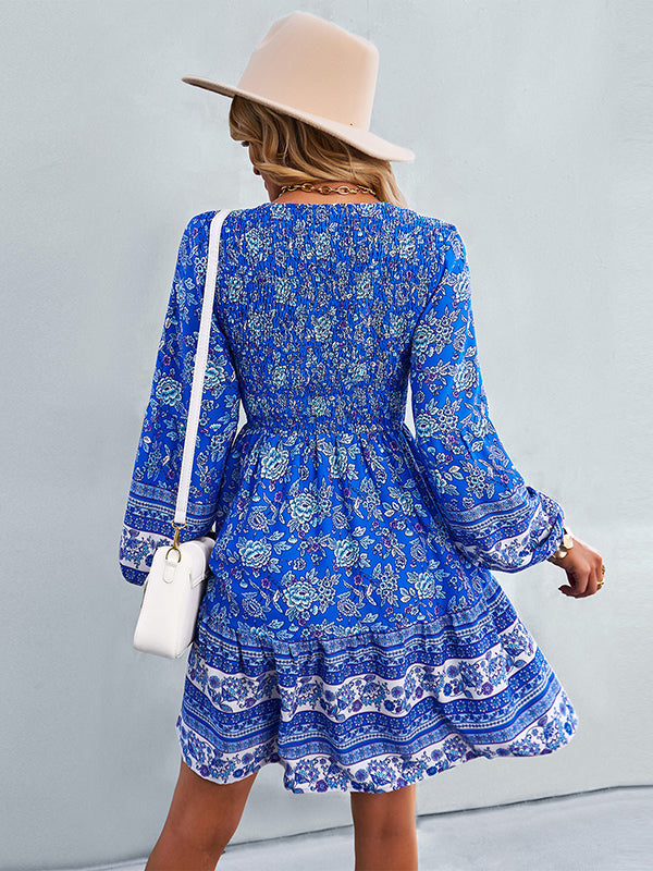 Bohemia A-Line Loose Floral Printed V-Neck Dress