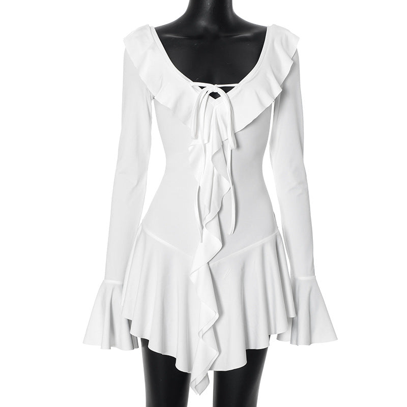 White Deep V Neck Ruffled Dress For Women Long Flare Sleeve Autumn Fashion Beach Party Short Dresses Female Sexy SlimChristmas Gifts