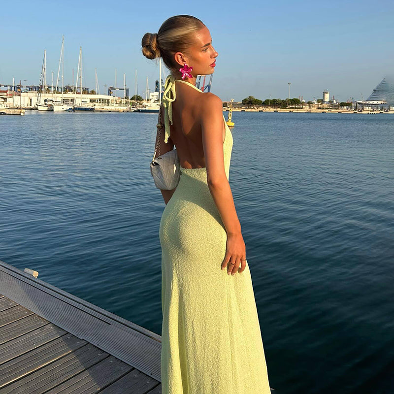 Deep V-Neck Backless Long Dress Sexy Women's Split Slip Knitted Dresses Elegant Sleeveless Beach Party Halter OutfitsChristmas Gifts