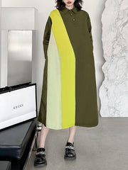 Long Sleeves Loose Asymmetric Buttoned Contrast Color Split-Joint Lapel Midi Dresses Shirt Dress