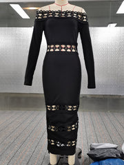 Hollow Solid Color Split-Joint Bodycon Long Sleeves Off-The-Shoulder Midi Dresses