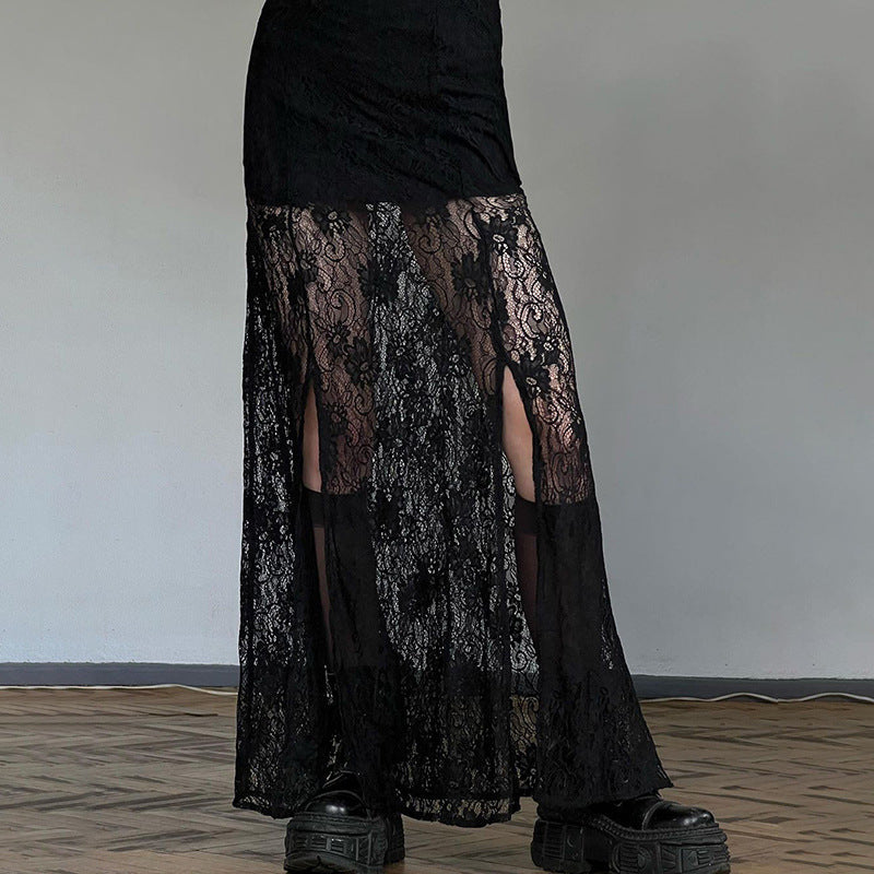 Side Slit Lace Skirts For Women 2024 Summer New See Through High Waist Skirt Ladies Black Casual Loose Sexy Skirts Woman
