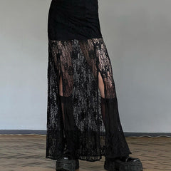 Side Slit Lace Skirts For Women 2024 Summer New See Through High Waist Skirt Ladies Black Casual Loose Sexy Skirts Woman
