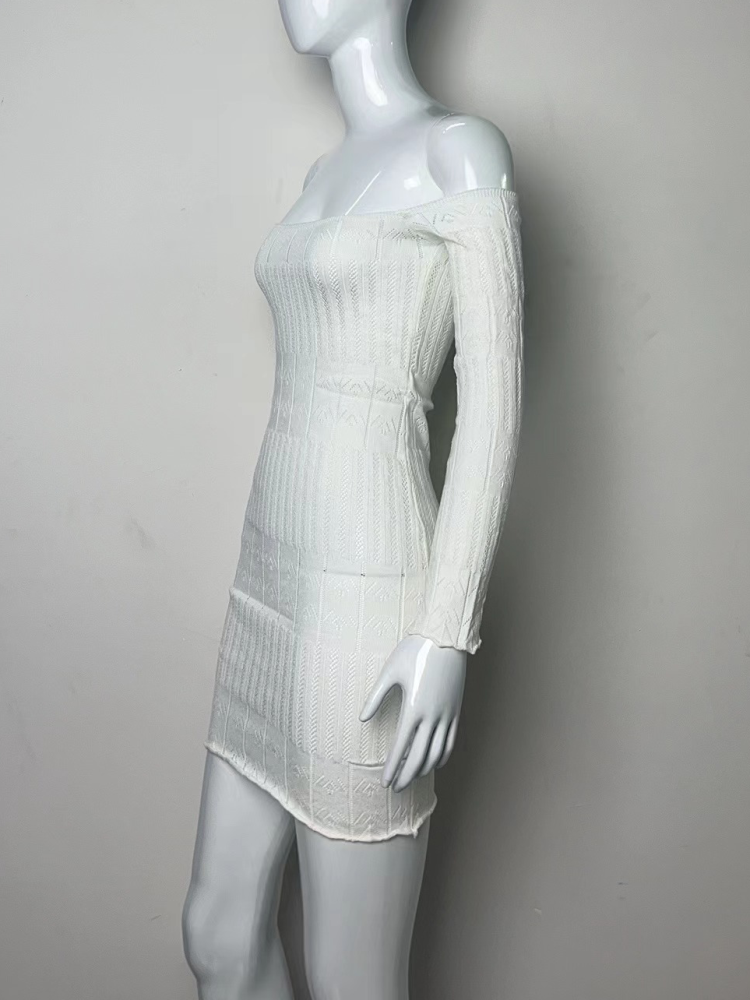 Sexy Hollow Out Strapless Mini Dress For Women White Off-shoulder Long Sleeve Bodycon Club Party Autumn Knitted Sweater Dress