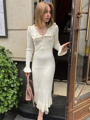 High Waist Ruffled Maxi Dresses For Women Autumn Winter Knitted Slim Long Dress Women's Vintage Dress Woman Retro ElegantChristmas Gifts