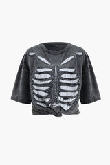 T-Shirt im Used-Look mit Rundhalsausschnitt und Skelett-Design 