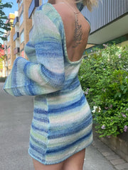 Striped Printed Knit Dress Cover Ups For Women Long Sleeve Loose Knitted Beach Swimwear Cover Ups Dress Backless KnitwearChristmas Gifts