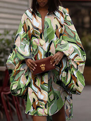 Long Sleeves Loose Buttoned Elasticity Printed Lapel Midi Dresses Shirt Dress