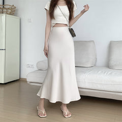 Mode Y2K Casual Frauen Langen Rock Frühling Elastische Hohe Taille A-linie Casual Weibliche Satin Röcke High Street Lady Midi Röcke 
