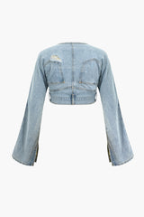 Frayed Destroyed V-neck Crop Denim Coat