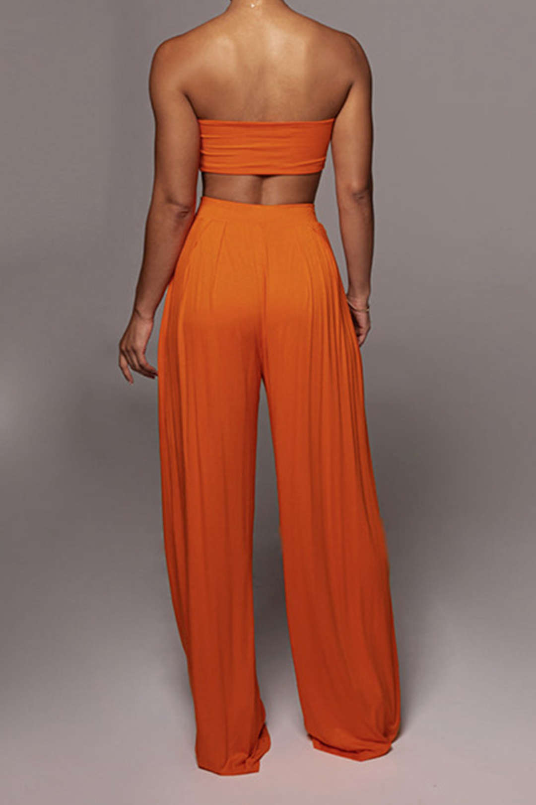 Tie Knot Front Ruched Tube Top And Pleated Wide Leg Pants