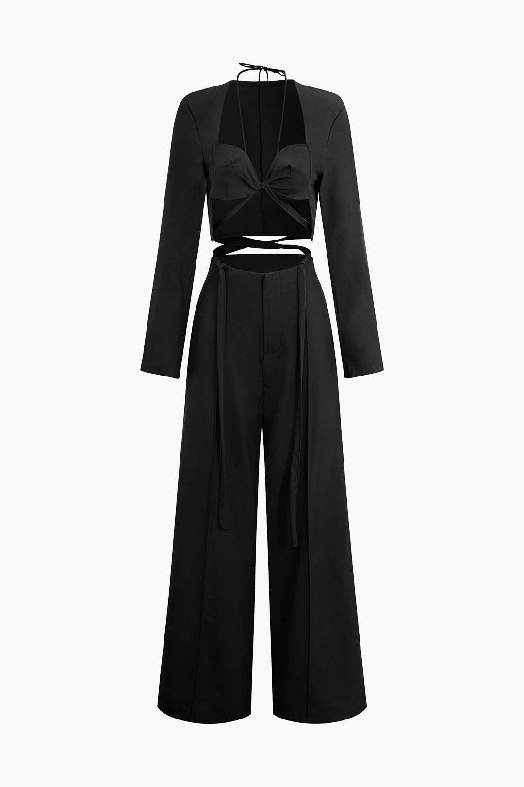 Long Sleeve Halter Tie Crop Top And Wide Leg Pants Set