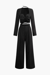 Long Sleeve Halter Tie Crop Top And Wide Leg Pants Set