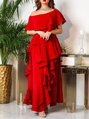 Layered Ruffled Solid Color Split-front One-shoulder Maxi Dresses