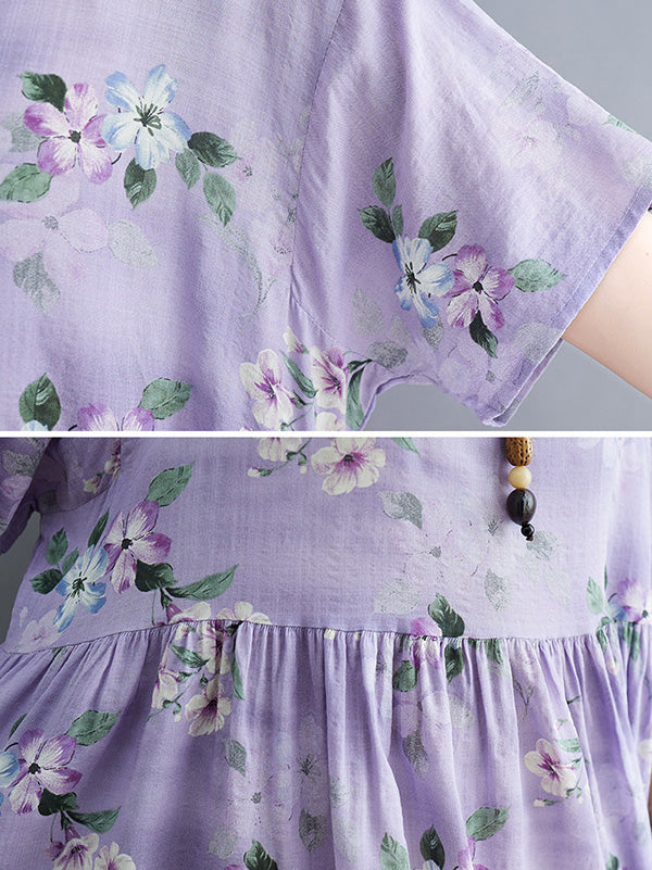 Vacation Short Sleeves Loose Floral Printed Round-Neck Midi Dresses