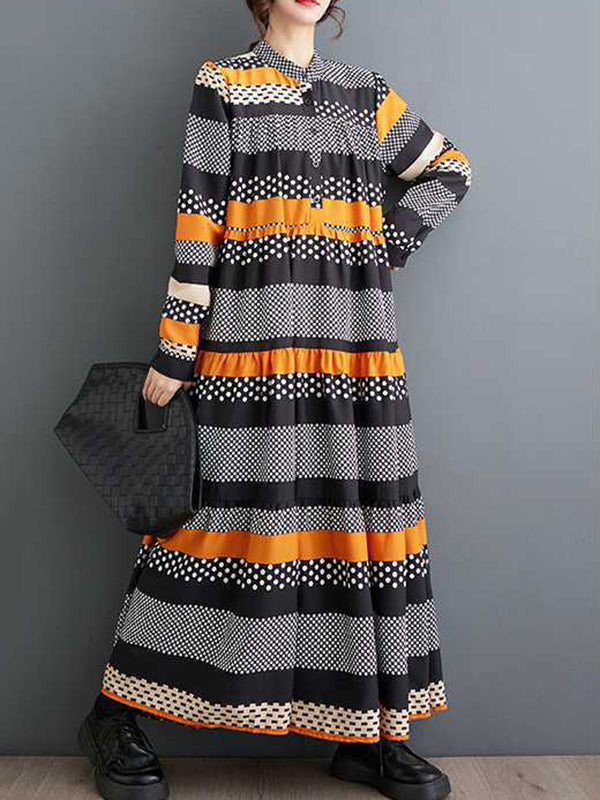 Buttoned Polka-Dot Split-Joint A-Line Long Sleeves Round-Neck Midi Dresses