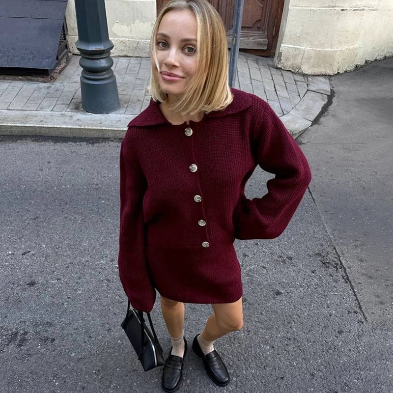 Women's Knitted Suit Lapel Flare Sleeve Cardigan Skirt Autumn Winter New Fashion Solid Slim Female Sweater Two Piece SetsChristmas Gifts