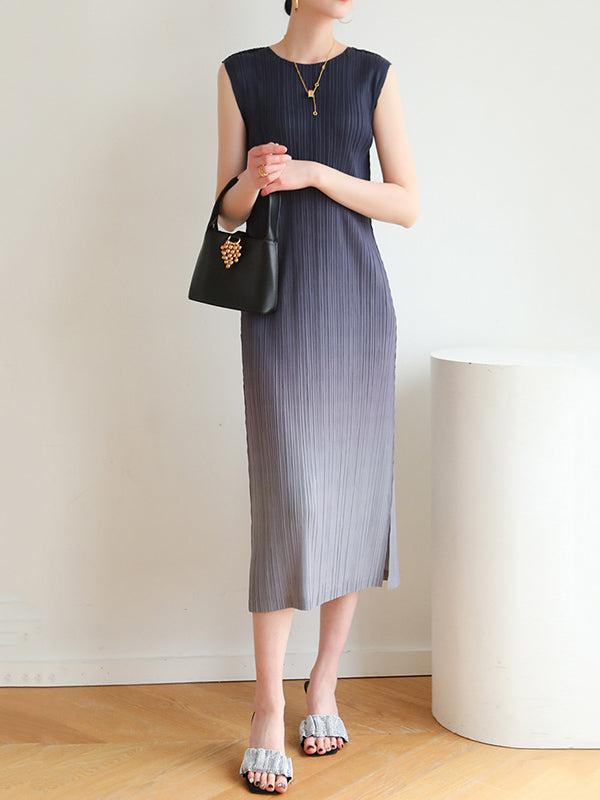 Gradient Pleated Split-Side Loose Sleeveless Round-Neck Midi Dresses