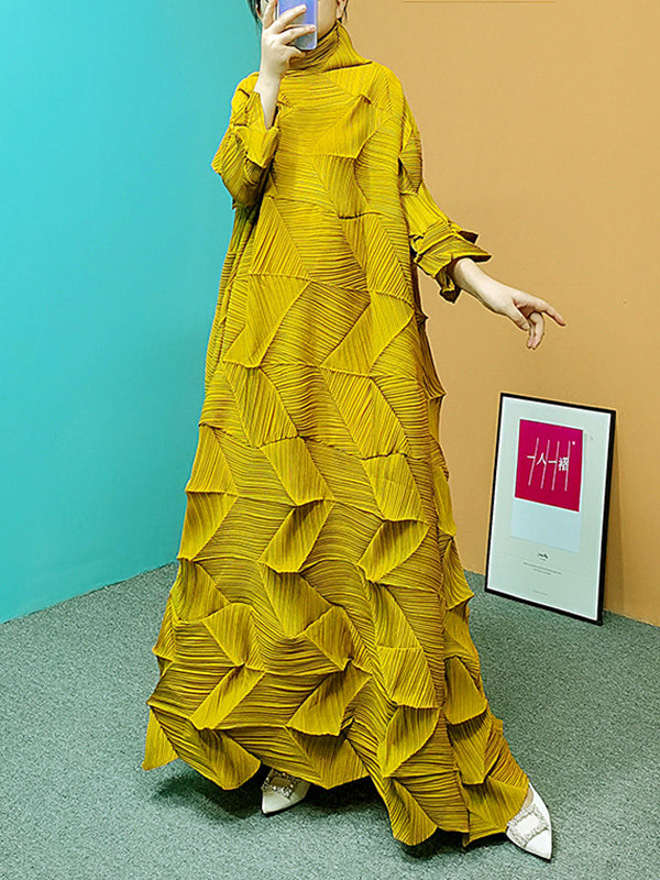 Pleated Solid Color Long Sleeves Loose Stand Collar Maxi Dresses