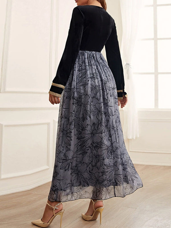Embroidered Flower Print Split-Joint A-Line High Waisted V-Neck Maxi Dresses