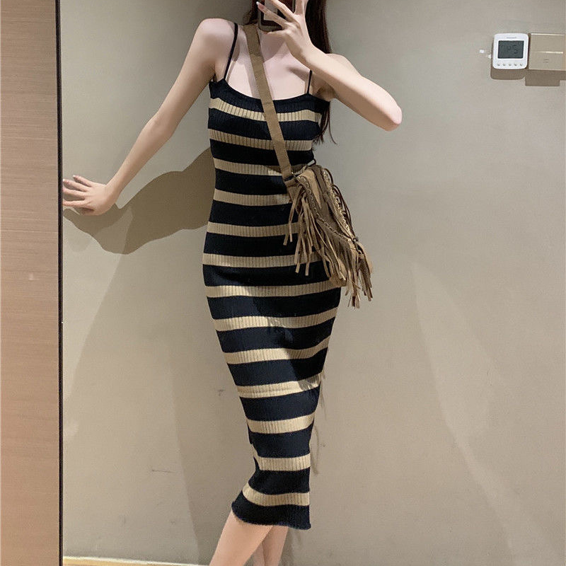 Retro Striped Knitted Camisole Dress for Women's Summer Slim fit Dresses Bodycon Mid Length Tight Sexy Sleeveless Sundress