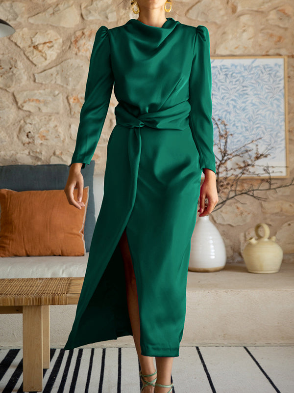 A-Line High Waisted Pleated Solid Color Split-Front Mock Neck Maxi Dresses