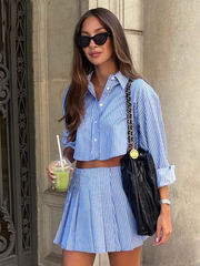 Modischer Anzug mit blauem Streifenmuster für Damen, elegante Langarm-Crop-Tops mit Knopfleiste und Faltenröcke mit hoher Taille, 2-teiliges Set, Weihnachtsgeschenke 
