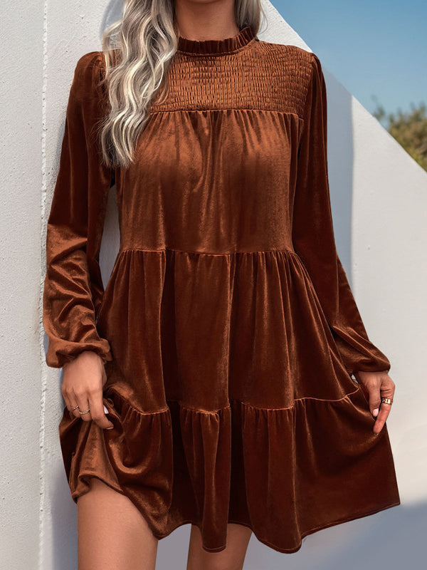 A-Line Long Sleeves Pleated Solid Color Split-Joint Velvet Mock Neck Mini Dresses