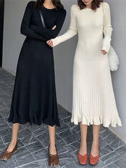 Long Sleeves Loose Ruffled Solid Color Round-Neck Midi Dresses Sweater Dresses
