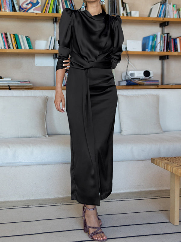 A-Line High Waisted Pleated Solid Color Split-Front Mock Neck Maxi Dresses