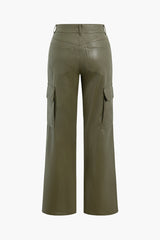 Faux Leather Flap Pocket Straight Leg Cargo Pants