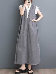 Buttoned Striped Cap Sleeve Loose Lapel Shirt Dress Maxi Dresses
