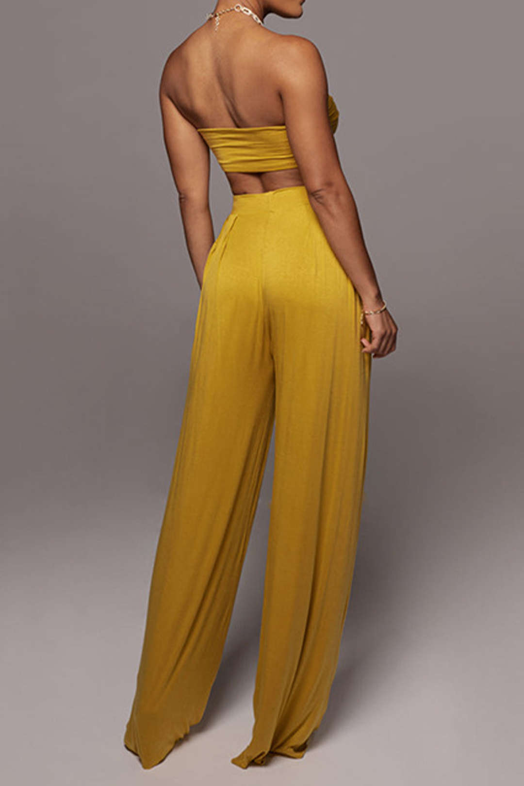 Tie Knot Front Ruched Tube Top And Pleated Wide Leg Pants