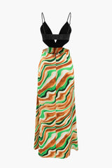 Printed Satin V-neck Cut Out Maxi Dress