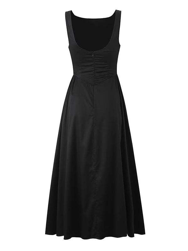 No Belt Pleated Solid Color Zipper A-Line Loose Round-Neck Midi Dresses