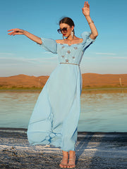 Vacation Loose Puff Sleeves Solid Color One-Shoulder Dress