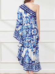 Batwing Sleeves Loose Asymmetric Falbala Floral Printed One-shoulder Midi Dresses
