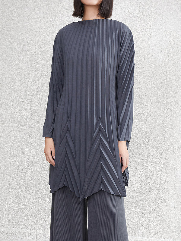 A-Line Long Sleeves Pleated Solid Color Round-Neck Mini Dresses