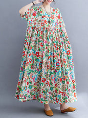 Pleated Printed Split-Joint Loose Short Sleeves Round-Neck Midi Dresses