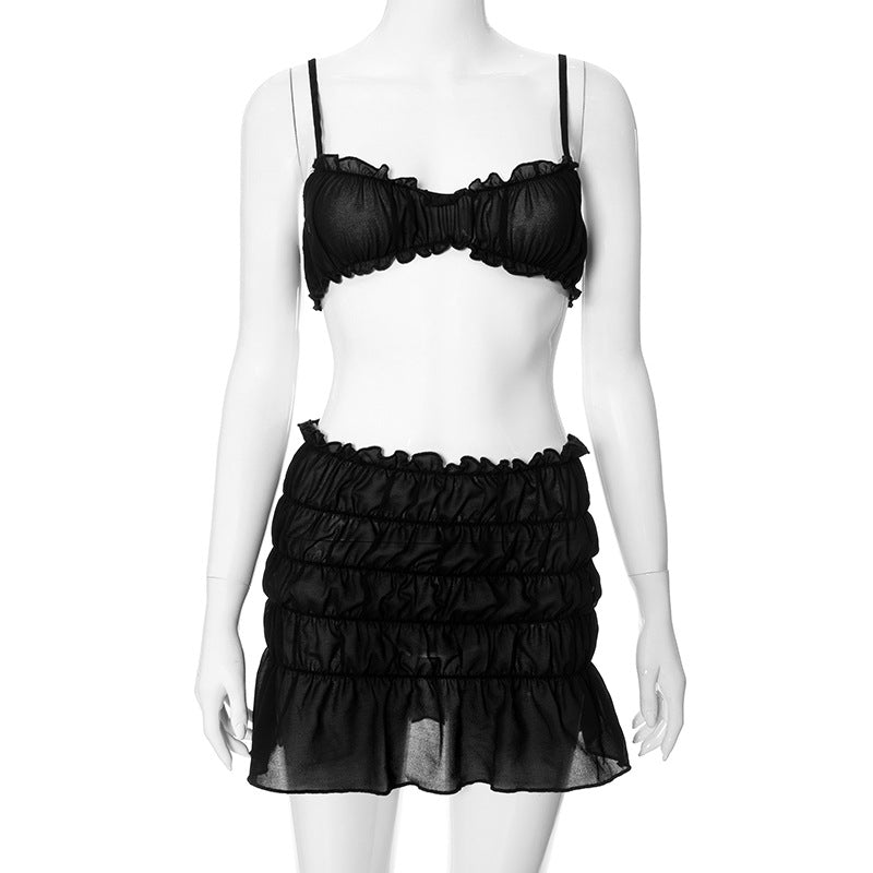 Sexy Camisole-Oberteil mit niedriger Taille, gestapelter gerüschter Rock, 2-teiliges Set, einfarbig, ärmellos, rückenfrei, Strandurlaub, Sommer-Outfit 
