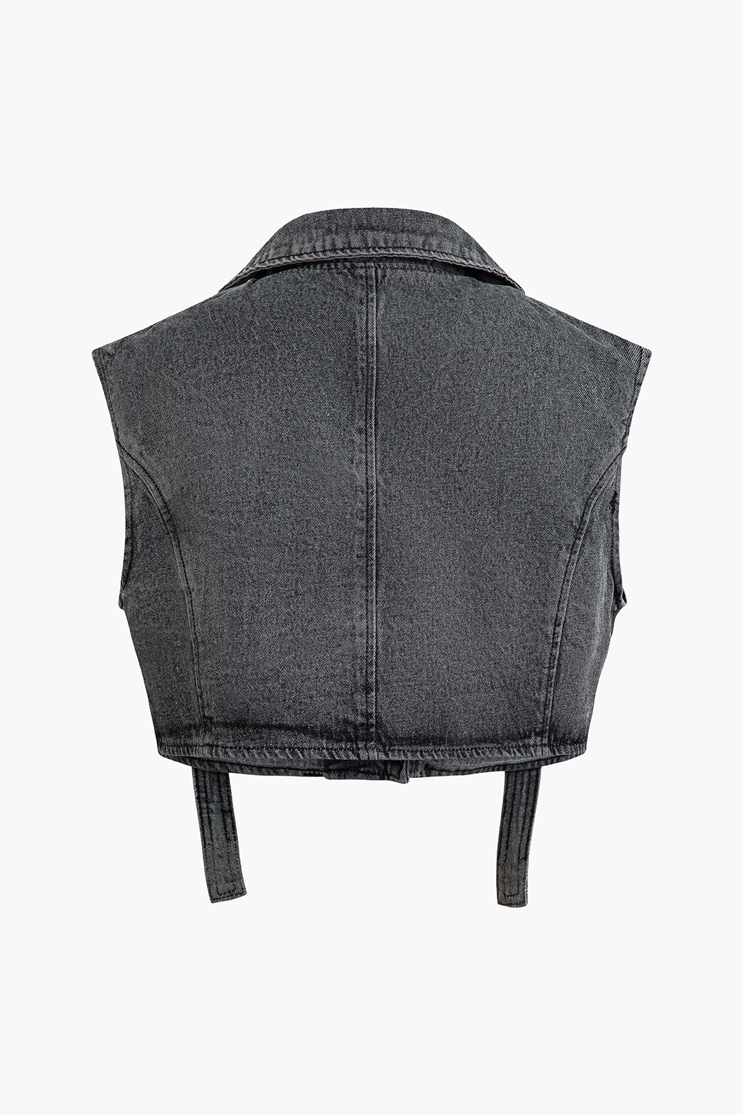 Notched Lapel Belt Flap Pocket Denim Vest