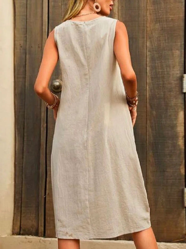 Pleated Solid Color Split-Joint Loose Sleeveless Round-Neck Midi Dresses