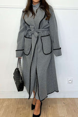 Scallop Trim Notched Lapel Belted Long Coat