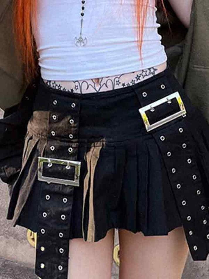 Ifomat Eyelet Buckle High Waist Pleated Mini Skirt