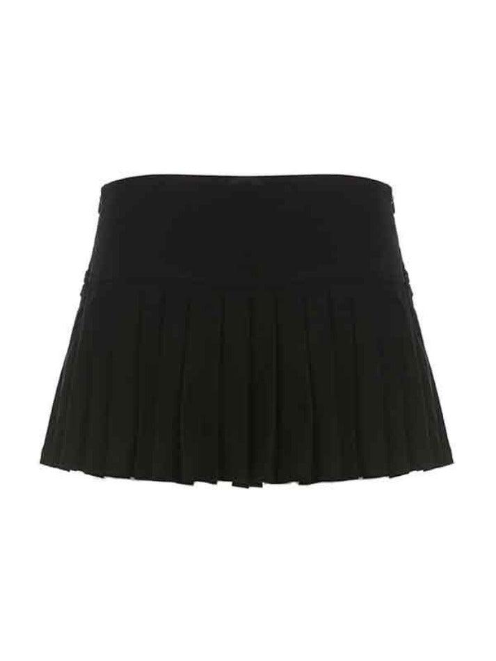 Ifomat Eyelet Buckle High Waist Pleated Mini Skirt