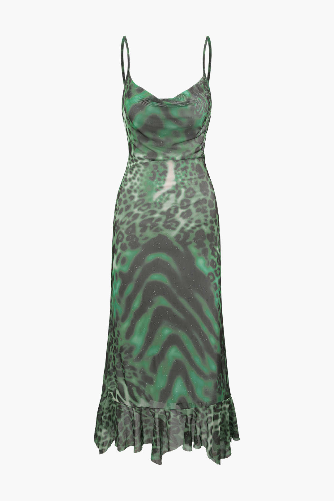 Leopard Print Mesh Ruffle Hem Maxi Dress