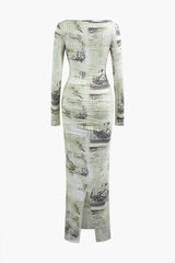 Abstract Print Ruched Long Sleeve Maxi Dress