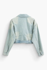 Notched Lapel Denim Zipper Belted Jacket